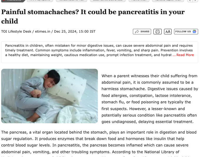 Painful stomachaches? It could be pancreatitis in your child