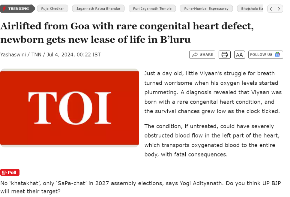 Airlifted from Goa with heart defect 1-day-old gets new lease of life 