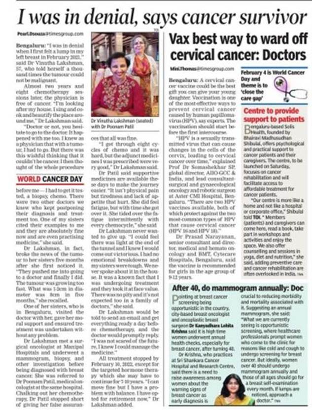 Cancer survivor on the times of India